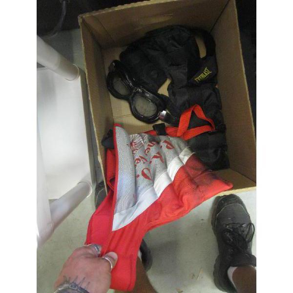 BOX W/MISC. GOGGLES, WEIGHTS, ETC.