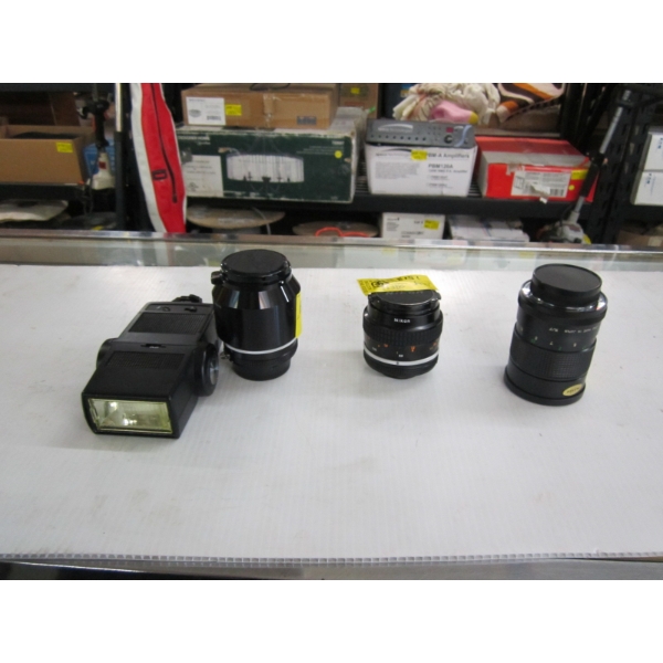 3 LENSES - 2 NIKON, 1 VITAR & A VITAR AUDIO THYRISTOR 273 FLASH