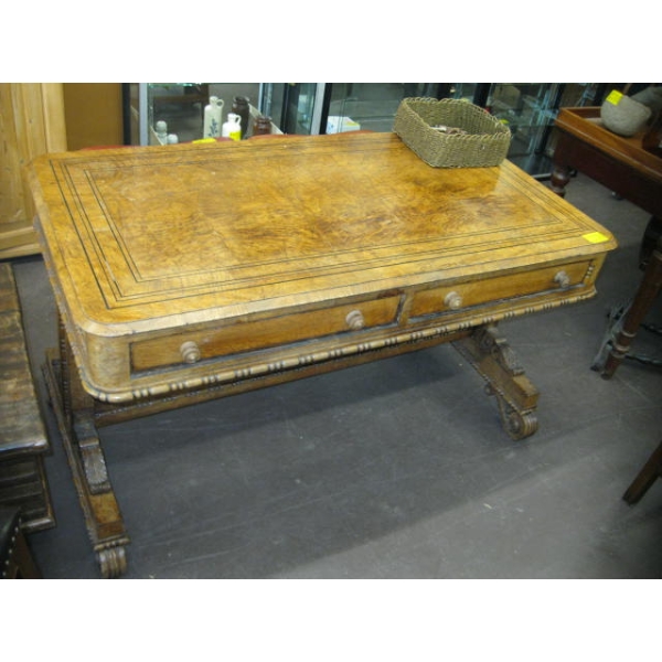 FIGURED WALNUT 2 DRAWER ANTIQUE DESK W/BASKET OF ASST. ITEMS FOR DESK