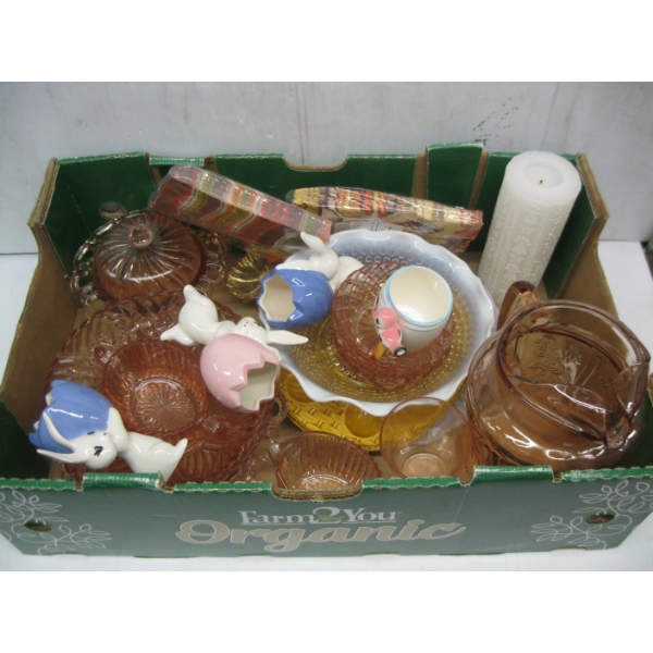 FLAT OF PINK GLASSWARE & MISC.