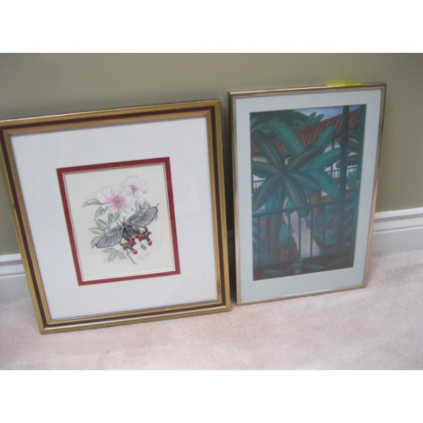 2 FRAMED PICTURES - BUTTERFLY & THE PATIO