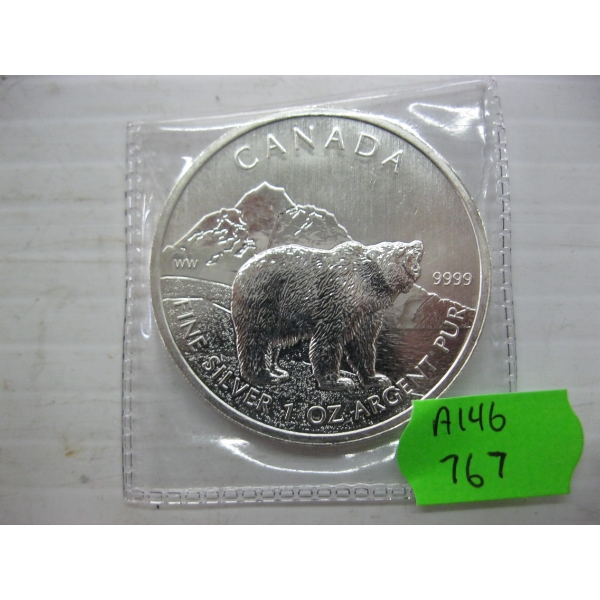 CDN 1 OZ. .999 SILVER COIN - GRIZZLY BEAR (TAX EXEMPT)