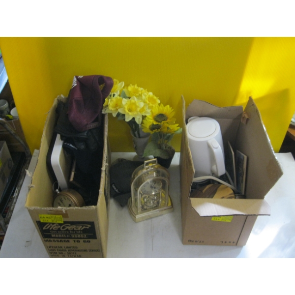 2 BOXES OF MISC. ARTIFICIAL FLOWERS, CLOCKS, SCALE, ETC.