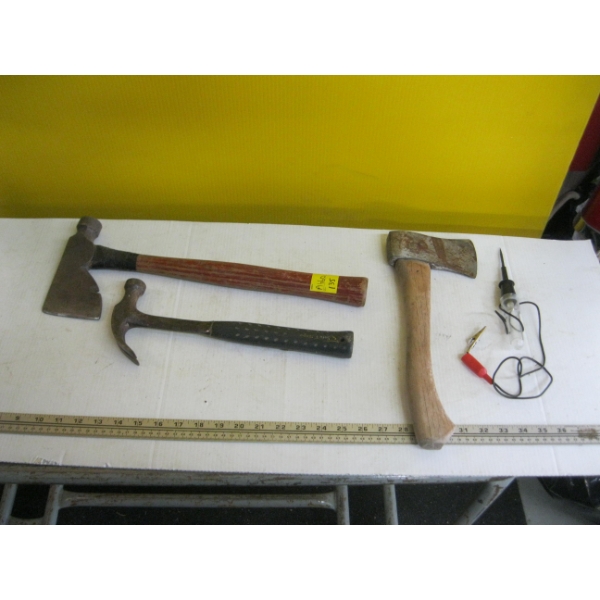 2 HATCHETS, HAMMER & A TEST LIGHT
