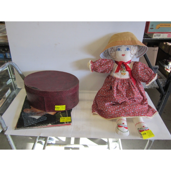 MISC. HATBOX, RECORDS & DOLL
