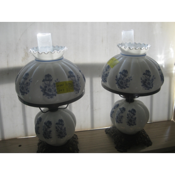 MATCHING PAIR OF BLUE & WHITE LAMPS