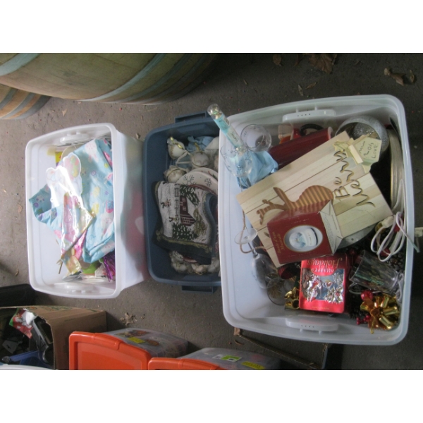 3 BINS OF MISC. CHRISTMAS DECORATIONS, ETC.