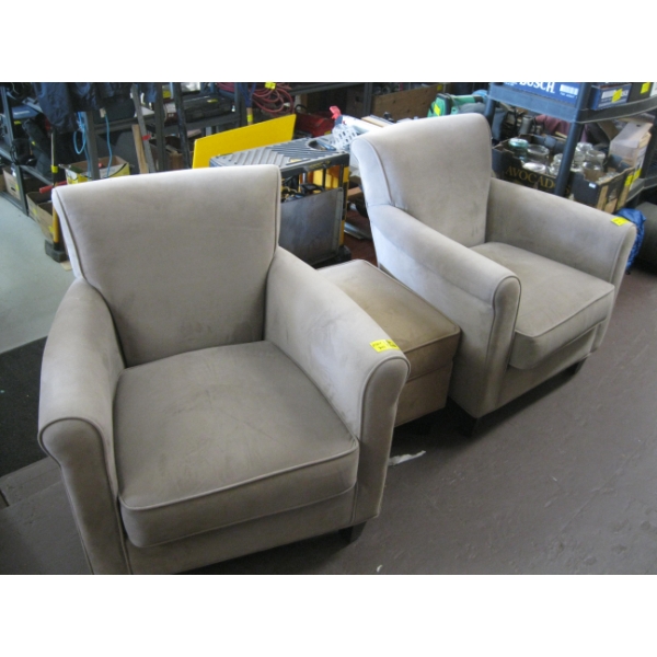 PAIR OF UPHOLSTERED CHAIRS & 1 OTTOMAN