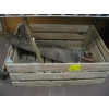 Image 1 : WOODEN CRATE W/METAL HANDLED SAW, CRANK HANDLE, ETC.