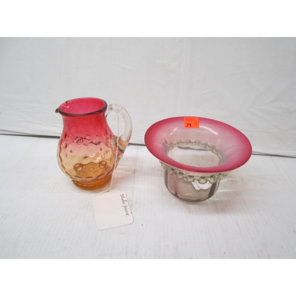 OBSOLESCENT CRANBERRY ART GLASS DISH & A CRANBERRY FADING TO AMBER CREAMER