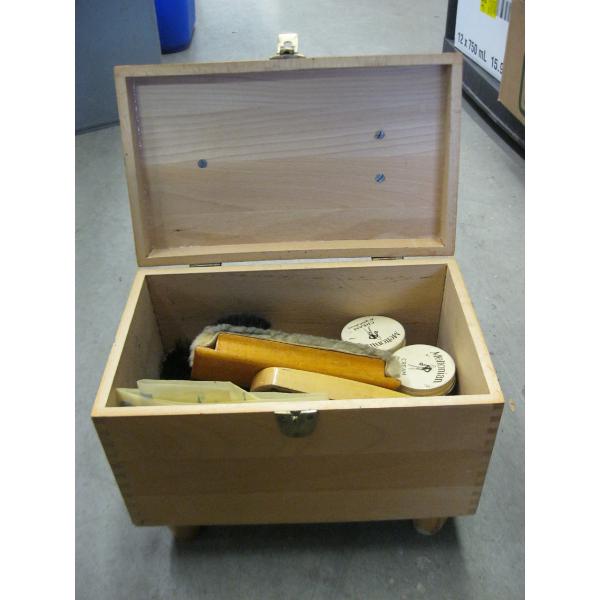 WOODEN SHOESHINE BOX W/CONTENTS