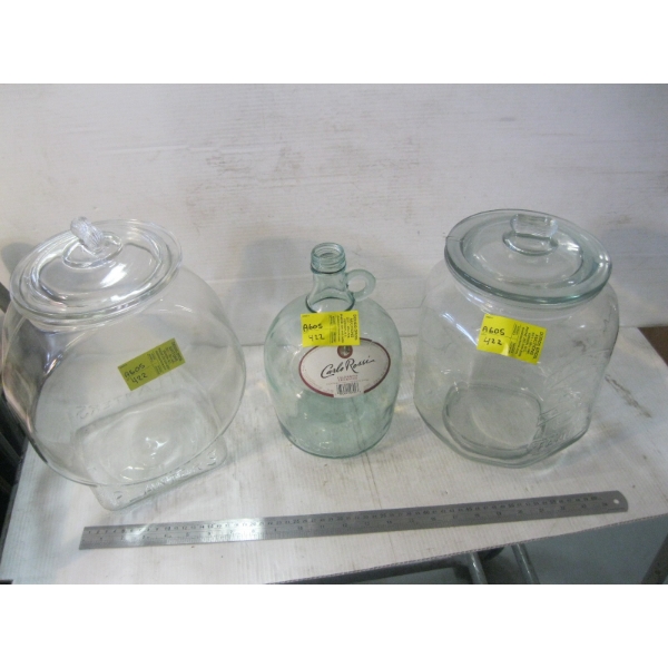 2 GLASS CANNISTERS & A 1 GALLON JUG
