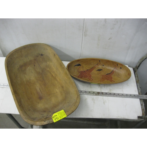 HAND CARVED WOODEN DOUGH BOWL & A PAINTED & CARVED WOODEN BOWL W/GIRAFFES
