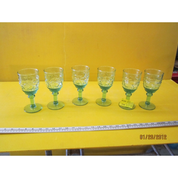 6 GREEN GLASS GOBLETS