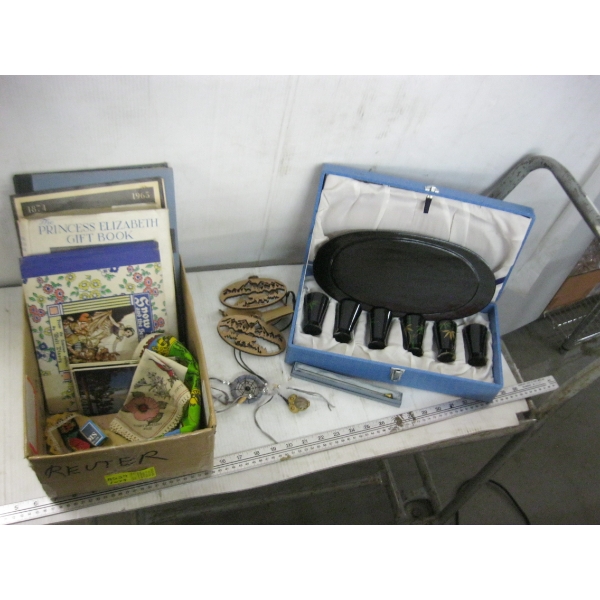 MISC. WOOD CARVINGS, BOOKS, BLUE CONTAINER W/ASIAN LACQUERED SET