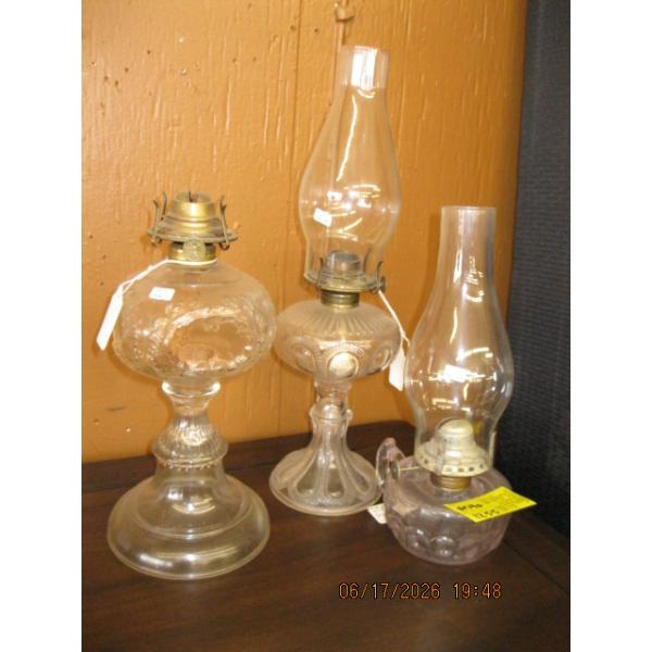 3 OIL LANTERNS - 1 MISSING CHIMNEY