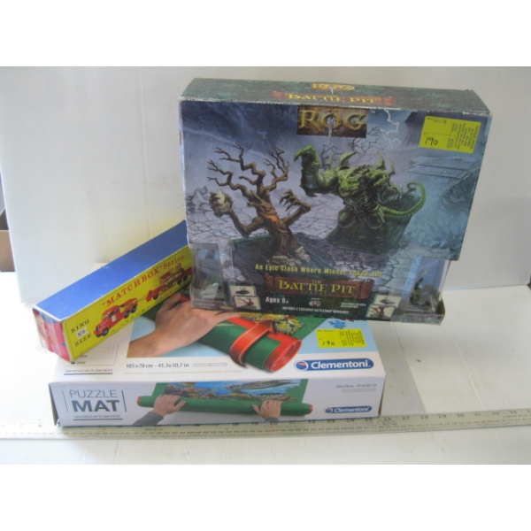 PUZZLE MAT, BATTLE PIT PLAYSET & MATCHBOX W/CAR, TRAILER IN BOX