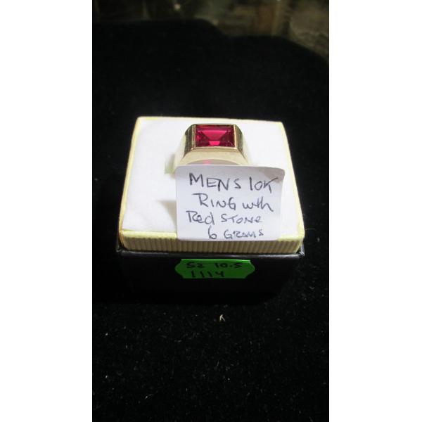 MENs 10KT RING W/RED STONE, 6G, SZ 10.5