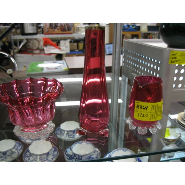 3 PIECES OF CRANBERRY GLASS