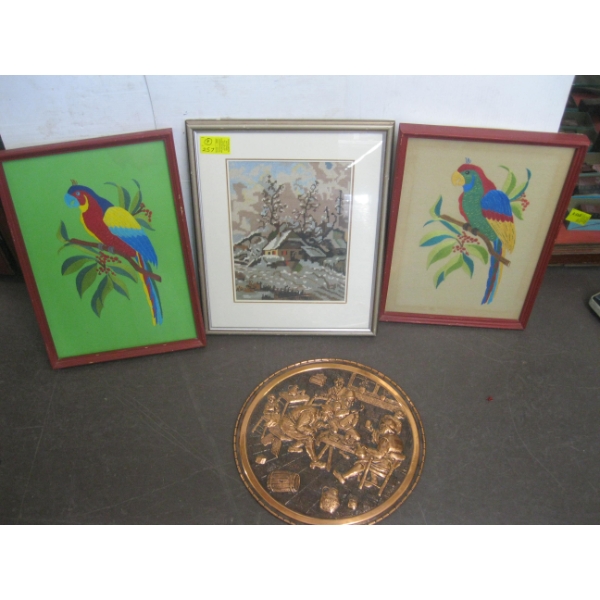 2 PAIR OF PICTURES, NEEDLEPOINT PICTURE & COPPER WALL PLAQUE