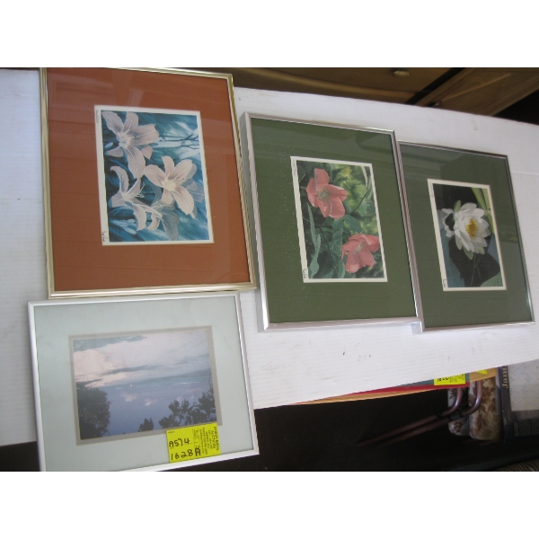 4 SMALL FRAMED PICTURES - 3 FLORAL, 1 SCENERY