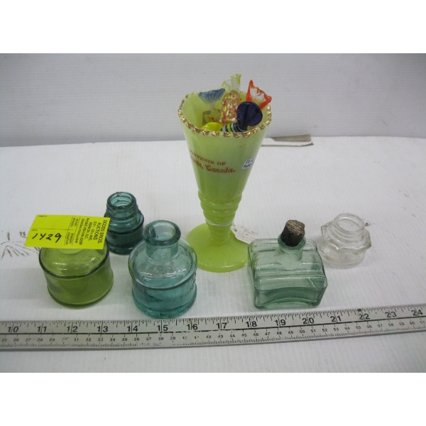 INK POTS, VASE W/GLASS CANDIES