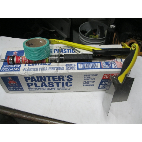BOX OF PAINTER'S PLASTIC, SM. CROWBAR, EDGER, ETC.