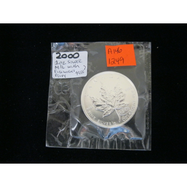 2000 1 OZ .999 SILVER MAPLE LEAF W/FIREWORKS $5 COIN (TAX EXEMPT)