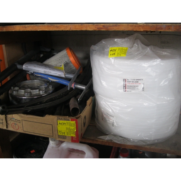 SILL PLATE GASKET & BOX OF MISC. LEAF SPRINGS, STORAGE HOOKS, ETC.