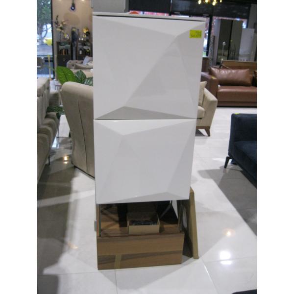 2 DOOR WHITE CABINET W/GLASS & WOOD BASE