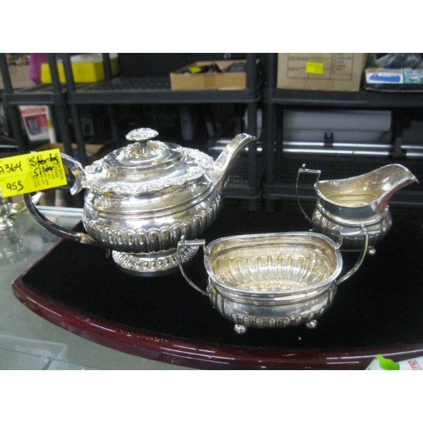 STERLING SILVER TEA SET - TEAPOT, CREAM & SUGAR, 1095G