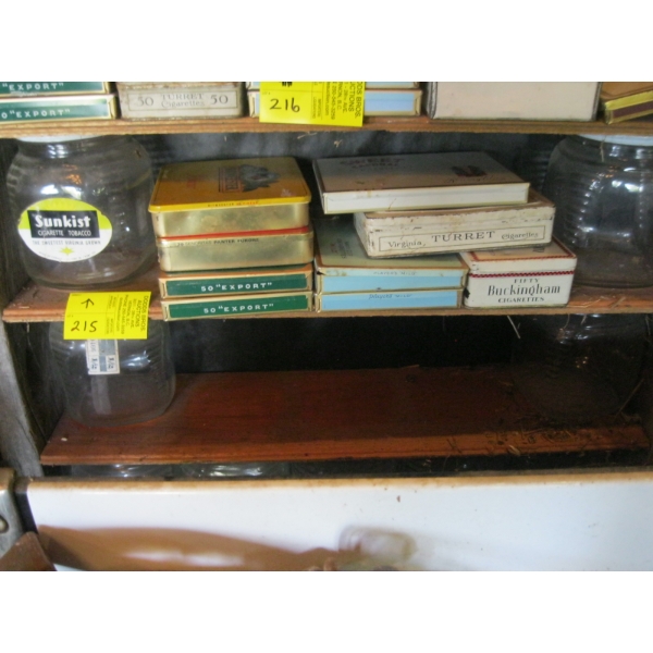 MISC. CIGARETTE TINS, GLASS SUNKIST JARS