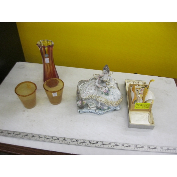 MISC. GLASSWARE, FIGURINE, STAMPS, ETC.