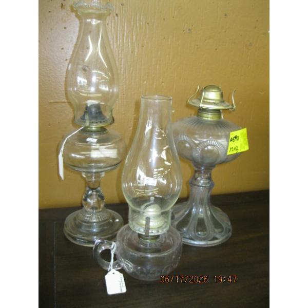 3 OIL LANTERNS - 1 MISSING CHIMNEY