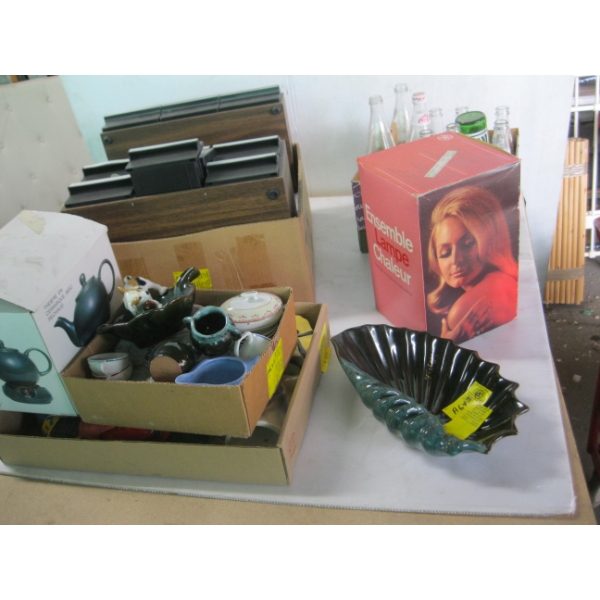 FLATS OF BOTTLES, DÉCOR, BLUE MOUNTAIN POTTERY, CASSETTE TAPES ETC.