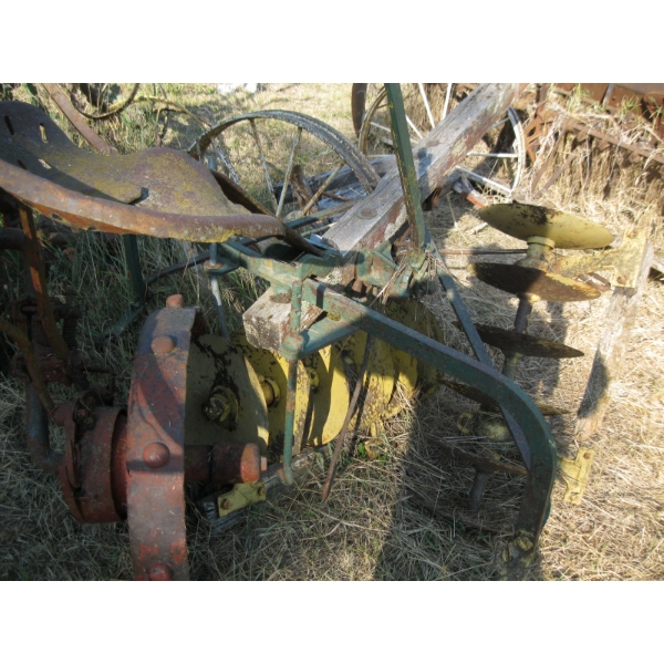 MISC. PLOW, 2 WOODEN AXLE & WHEELS - 1 RUBBER, 1 STEEL