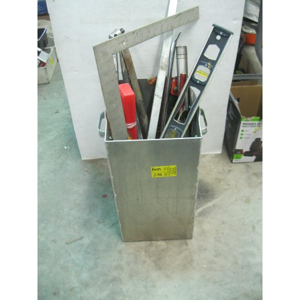 ALUMINUM BUCKET W/MISC. SLIDE HAMMER, TORQUE WRENCH, LEVELS, ETC.