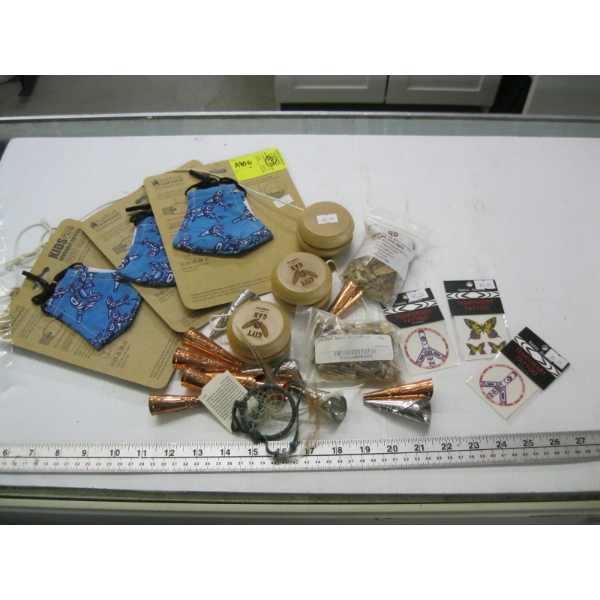 BAG OF MISC. WOODEN YOYOS, TEMPORARY TATTOOS, ETC.