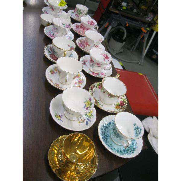 13 TEACUPS/SAUCERS & CREAM & SUGAR