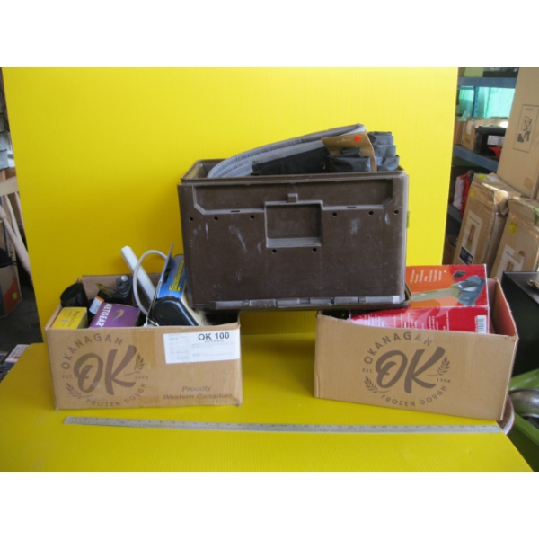 2 BOXES & A BIN OF MISC. - PET DRYER, LANGUAGE PROGRAM, ETC.