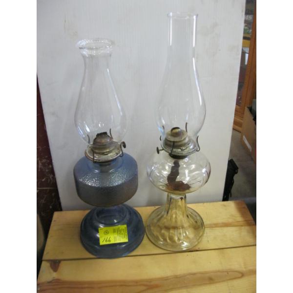 2 GLASS COAL OIL LAMPS W/CHIMNEYS