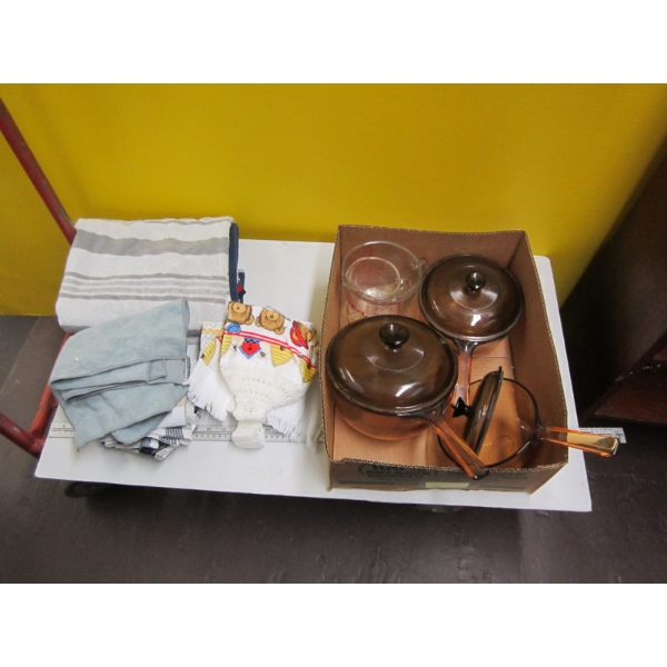 MISC. GLASS POTS, TOWEL, ETC.