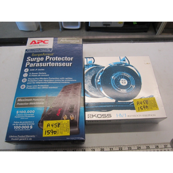 HIGH VELOCITY STEREO HEADPHONES & A SURGE PROTECTOR