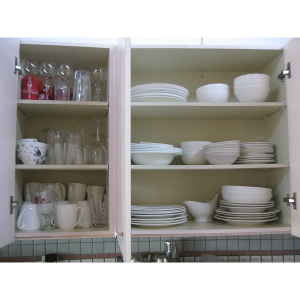 WHITE DISHWARE - VARIOUS PATTERNS & CUPBOARD OF ASST. GLASSWARE, MUGS, ETC.