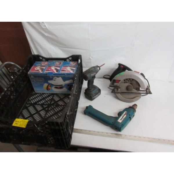 BIN OF MISC. TOOLS - SKILSAW, CORDLESS MAKITA DRILL, POLISHER, ETC.