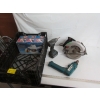 Image 1 : BIN OF MISC. TOOLS - SKILSAW, CORDLESS MAKITA DRILL, POLISHER, ETC.