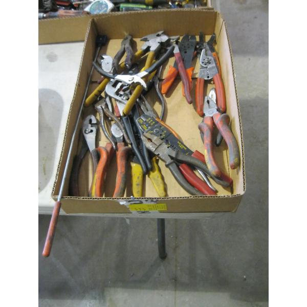 BOX OF MISC. PLIERS, WIRE CUTTERS, ETC.