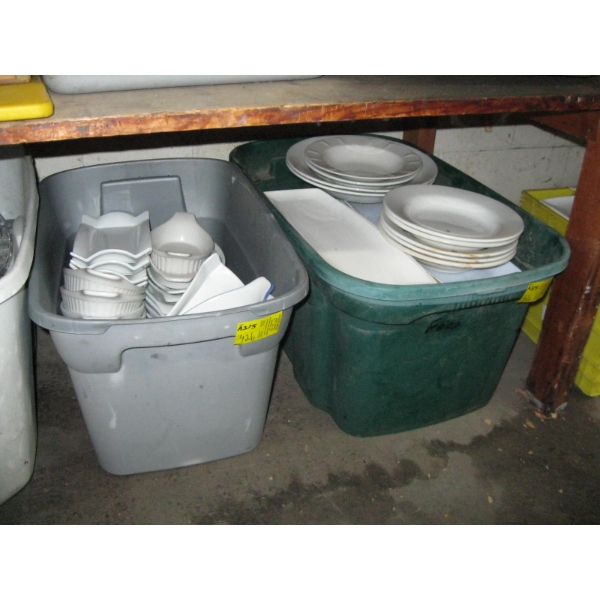 2 BINS OF ASST. WHITE DISHWARE, BOWLS, LASAGNA DISHES, NARROW PLATES, ETC.