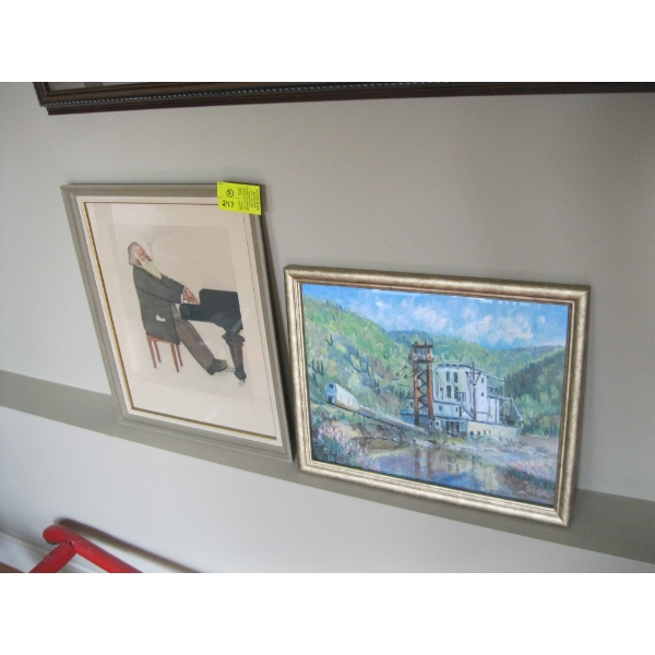 2 FRAMED PICTURES - 1 OF ORIGINAL OF DREDGE & PRINT OF PIANO PLAYER
