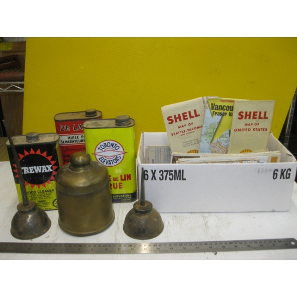 MISC. OLD MAPS, COLLECTOR TINS, ETC.
